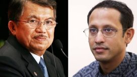 Wakil Presiden ke 10 dan 12 Indonesia, Jusuf Kalla (kiri) dan Nadiem Makarim, Mendikburistek (Kanan).