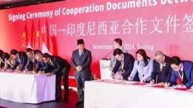Presiden Prabowo Subianto menyaksikan penandatanganan kolaborasi strategis antara PT Vale Indonesia Tbk dan GEM Co., Ltd. di Beijing, China (Investor.id).