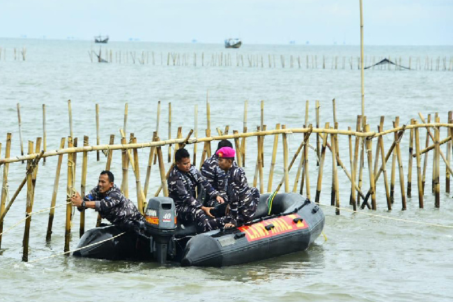 Prajurit TNI AL membongkar pagar laut di Tanjung Pasir, Tangerang, Banten. (Indonesiawatch.id/Dok. TNI AL)